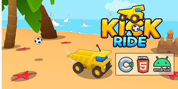 Kick and Ride C3P HTML5 game interface featuring a dynamic scooter ride experience with vibrant gameplay visuals.