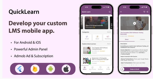 Illustration of a Flutter LMS mobile app course using Firebase backend