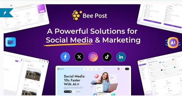 BeePost AI platform showcasing advanced social media management and content creation tools with a subscription system for businesses and creators.