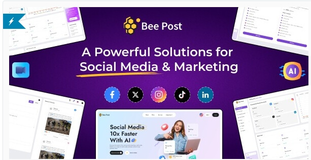 BeePost AI platform showcasing advanced social media management and content creation tools with a subscription system for businesses and creators.