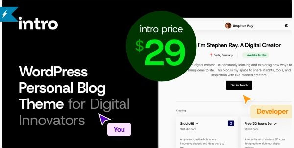 Intro Personal Digital Blog WordPress Theme, featuring a sleek and modern design for bloggers.