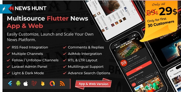 News Hunt Flutter News App for Android and iOS with Laravel Admin Panel