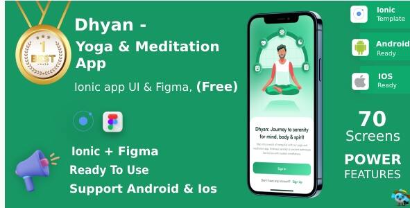 Dhyan Yoga and Meditation App UI Kit featuring Ionic and Figma designs for wellness applications