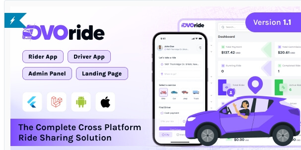 Screenshot of the OvoRide cross-platform ride-sharing app interface showcasing user-friendly features for drivers and passengers.