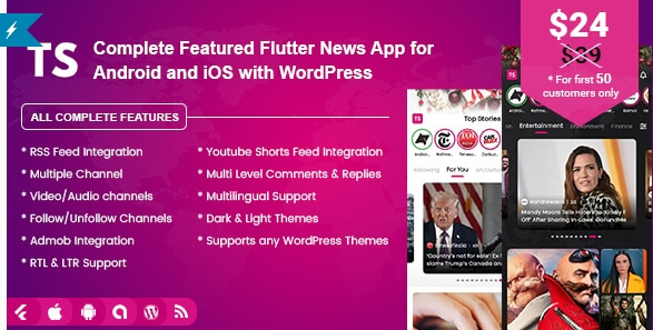 Top Stories Flutter News App – Android & iOS | RSS Feed & WordPress Integration