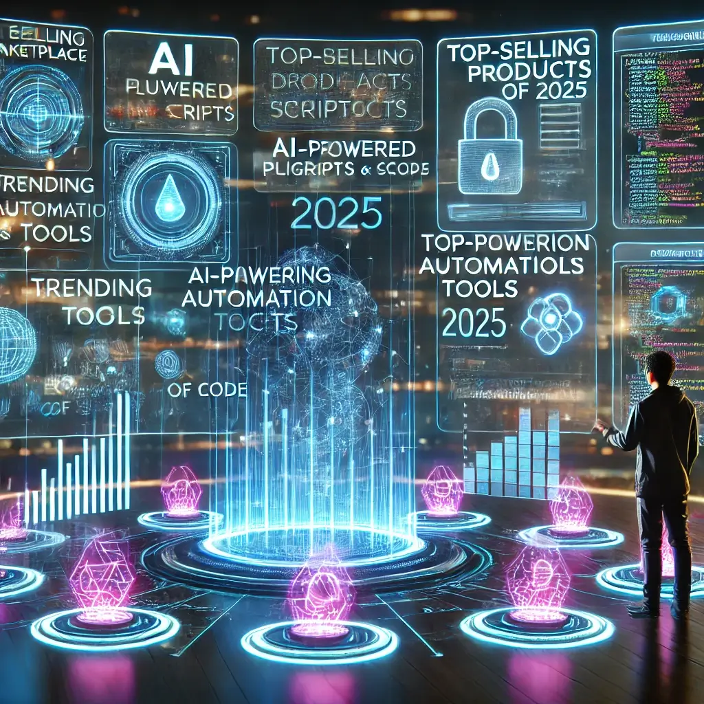 Futuristic digital marketplace showcasing best-selling plugins, scripts, and automation tools for 2025, with holographic user interface and AI-driven analytics.