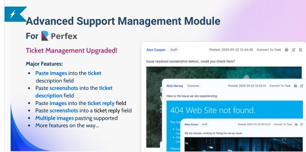 Advanced Support Management Module interface in Perfex CRM for improved ticket management.