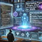 Futuristic digital marketplace showcasing best-selling plugins, scripts, and automation tools for 2025 with holographic UI and AI-driven analytics.