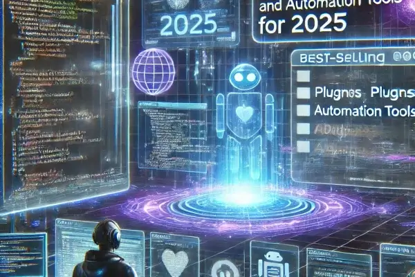 Futuristic digital marketplace showcasing best-selling plugins, scripts, and automation tools for 2025 with holographic UI and AI-driven analytics.