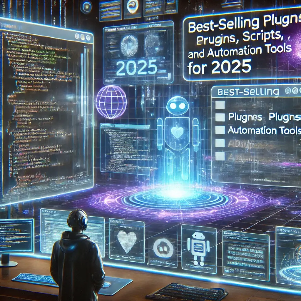 Futuristic digital marketplace showcasing best-selling plugins, scripts, and automation tools for 2025 with holographic UI and AI-driven analytics.