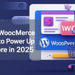 Illustration of top WooCommerce plugins for 2025 with shopping cart, plugin icons, and WordPress branding