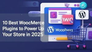 Illustration of top WooCommerce plugins for 2025 with shopping cart, plugin icons, and WordPress branding