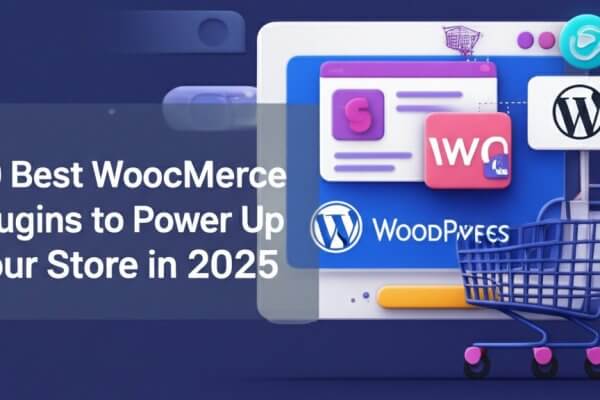 10 Best WooCommerce Plugins to Power Up Your Store in 2025 Illustration of top WooCommerce plugins for 2025 with shopping cart, plugin icons, and WordPress branding
