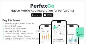 PerfexGo mobile app interface showing CRM dashboard and features