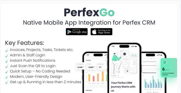 PerfexGo mobile app interface showing CRM dashboard and features
